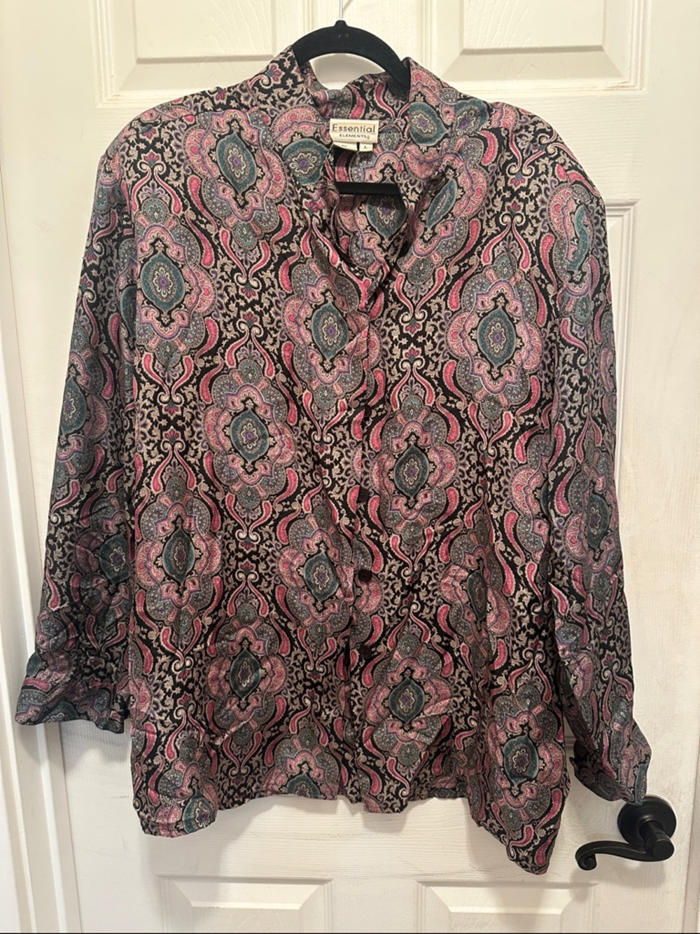 Essential Elements Vintage 80s Silk Paisley Button Front Blouse in Pink & Teal